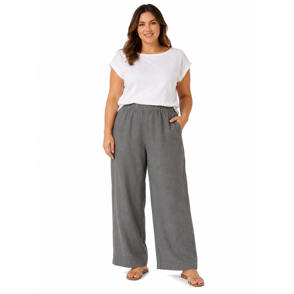 J. Jill 100% Linen Pants Women's Large Petite Wide Leg Pockets Pull On Gray EUC